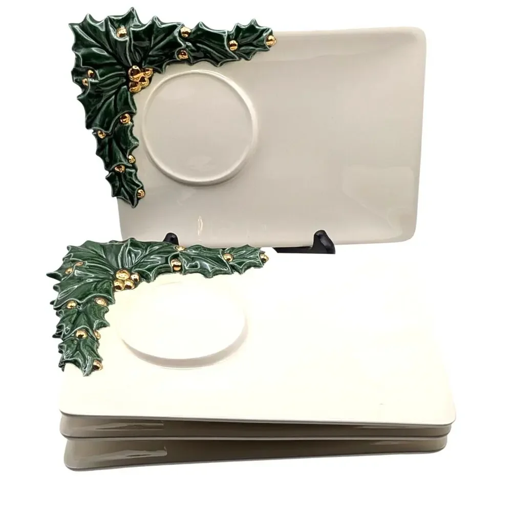 IRIS CERAMICS Holly Appetizer Plates Set 4 Drink Glass Holder Christmas Decor